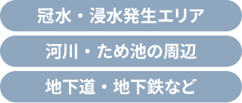 冠水・浸水発生エリア、河川・ため池の周辺、地下道・地下鉄など